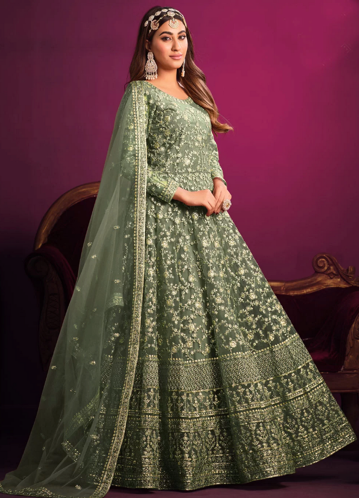 Green Net Bridal Designer Anarkali Gown SFFZ132408