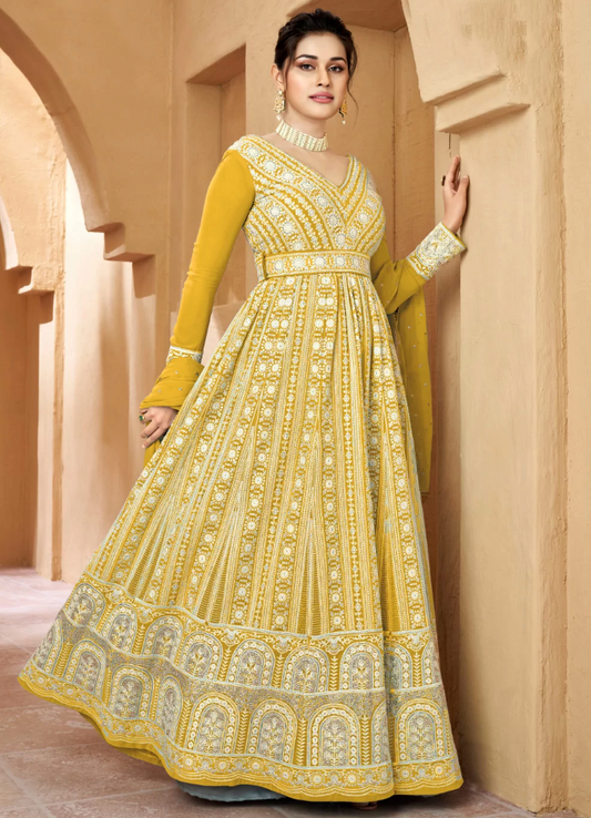 Yellow Georgette Bridal Designer Anarkali Gown SFFZ132382