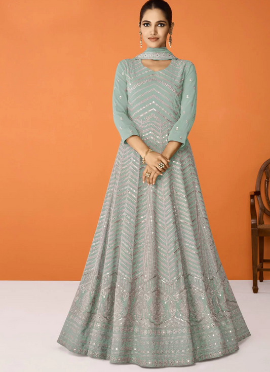 Green Georgette Wedding Designer Anarkali Gown SFFZ132225