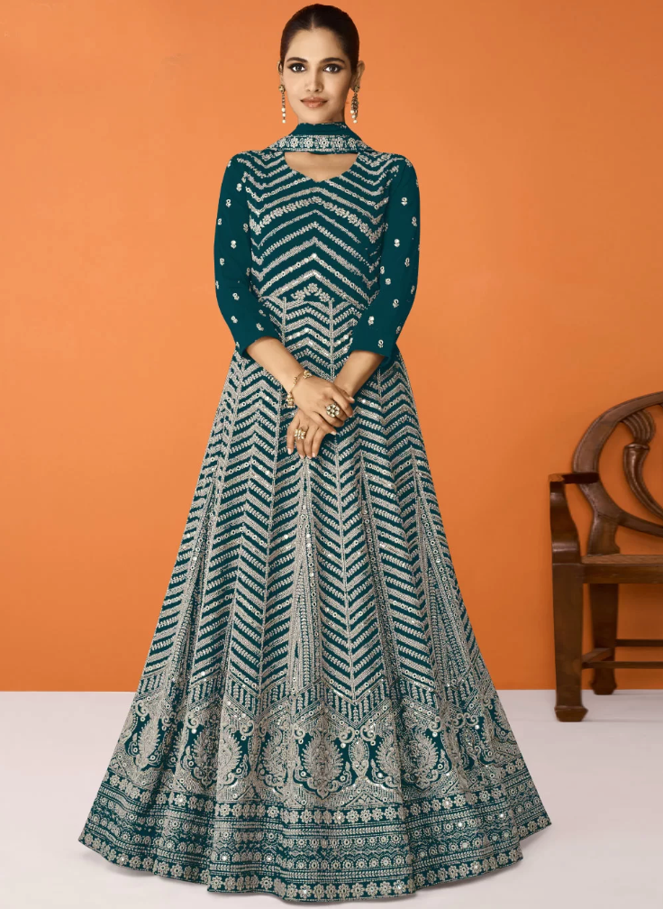 Green Georgette Wedding Designer Anarkali Gown SFFZ132229