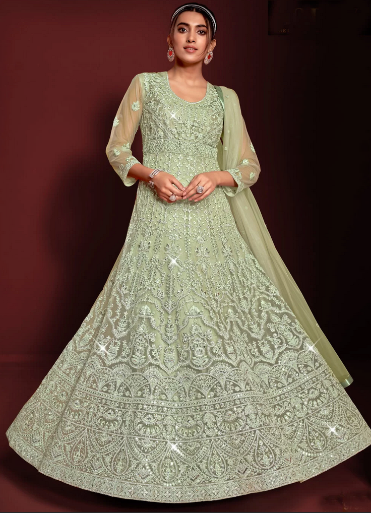 Green Georgette Wedding Designer Anarkali Gown SFFZ131991