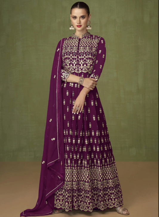 Purple Georgette Sangeet Designer Anarkali Gown SFFZ129782