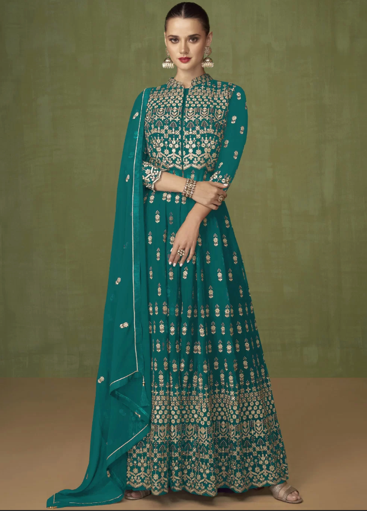 Turquoise Georgette Sangeet Designer Anarkali Gown SFFZ129781