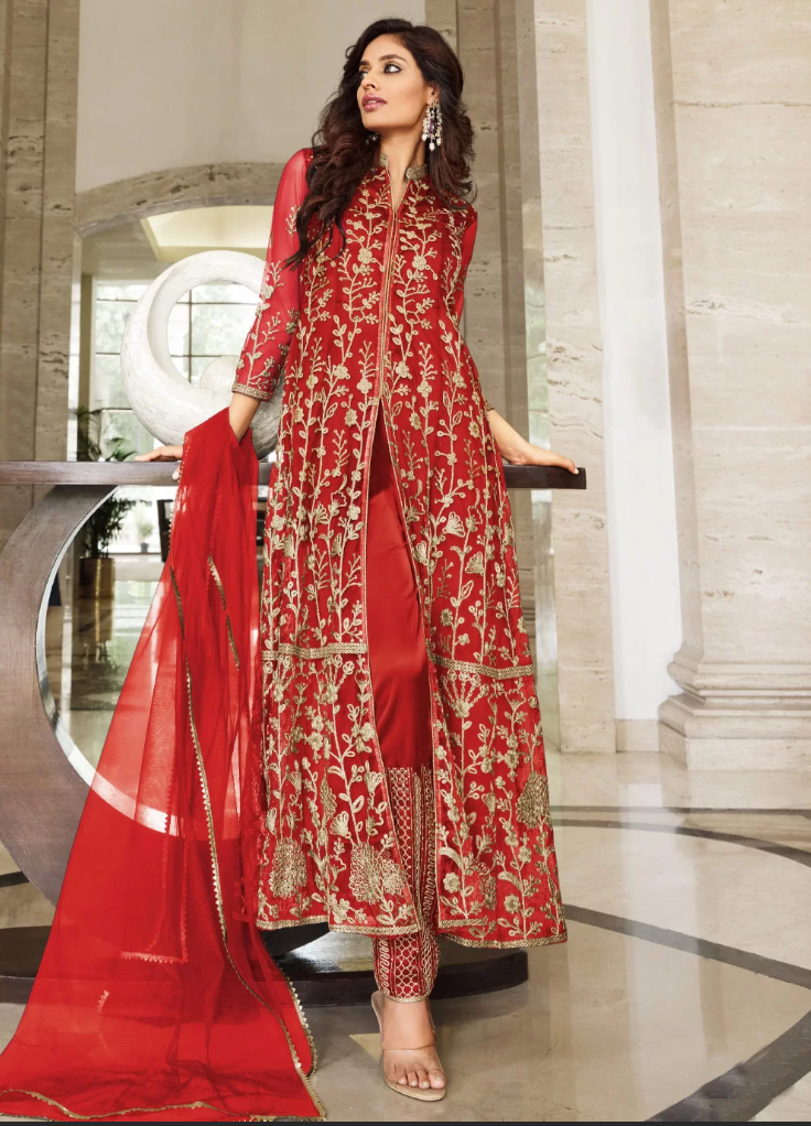 Red Bridal Net Sangeet Designer Anarkali Gown SFFZ126729