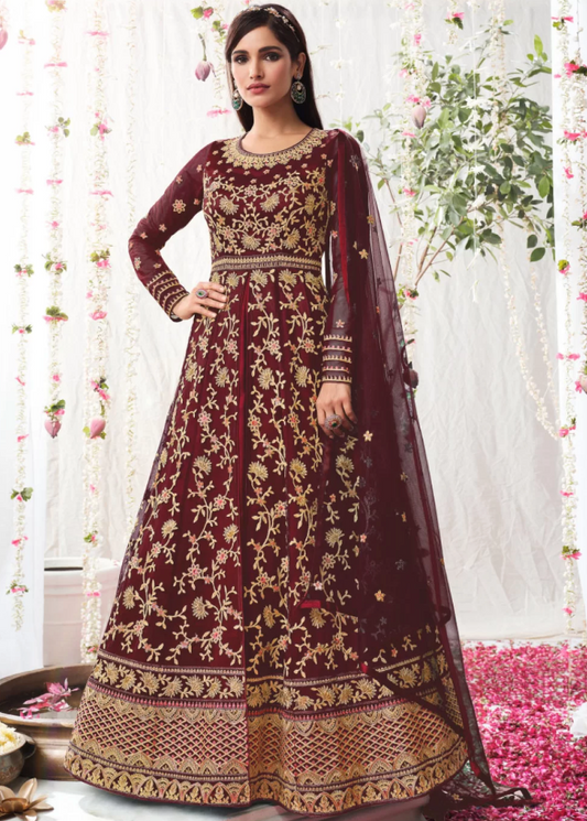 Buy Maroon  Net Sangeet Designer Bridal Anarkali Gown SFFZ123816