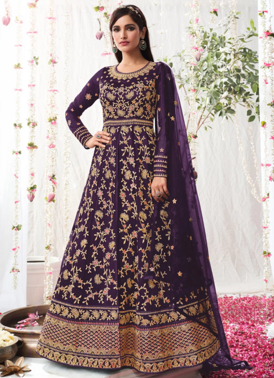 Buy Purple Net Sangeet Designer Bridal Anarkali Gown SFFZ123818