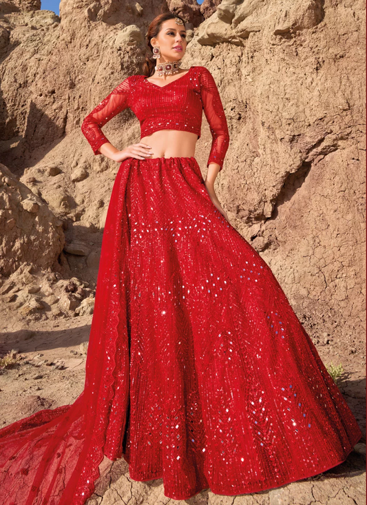 Red Heavy Bridal Wedding Lehenga Choli Set In Net SFFZ272818
