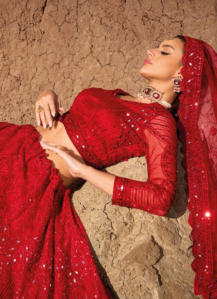 Red Heavy Bridal Wedding Lehenga Choli Set In Net SFFZ272818