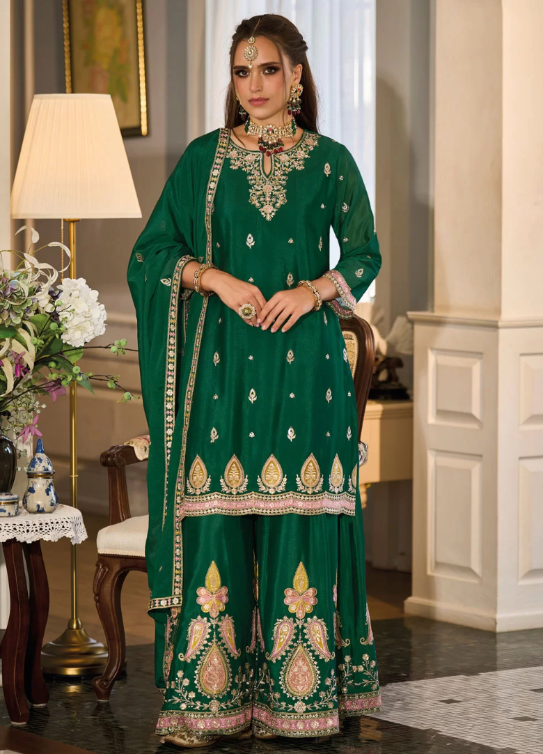 Green Readymade Wedding Sangeet Salwar Suit In Chinon SFSR278677