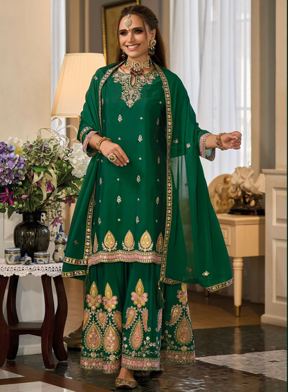 Green Readymade Wedding Sangeet Salwar Suit In Chinon SFSR278677