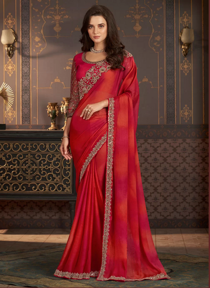 Red Wedding Sangeet Saree In Chiffon For Ceremonial SRSF280170