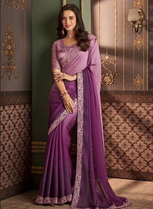 Purple  Wedding Sangeet Saree In Silk For Ceremonial SRSF280168