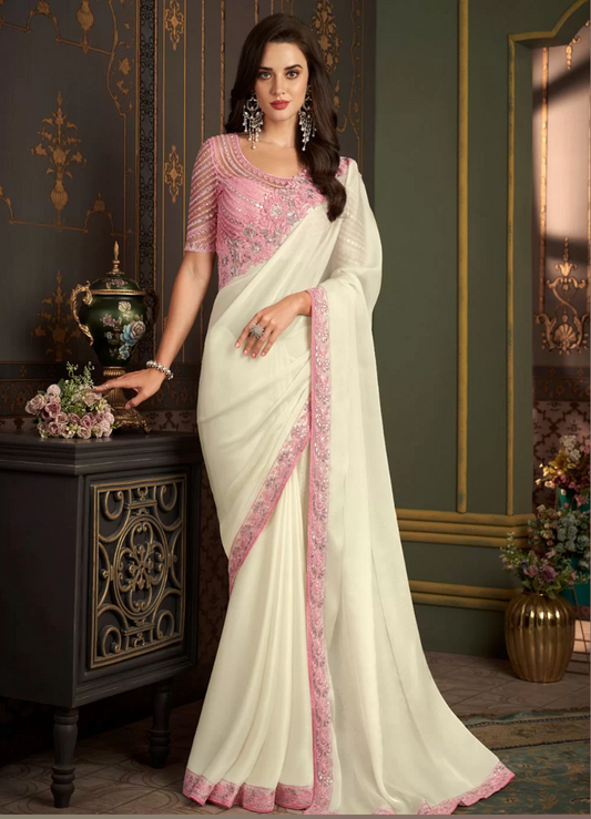 White Wedding Sangeet Saree In Silk For Ceremonial SRSF280160