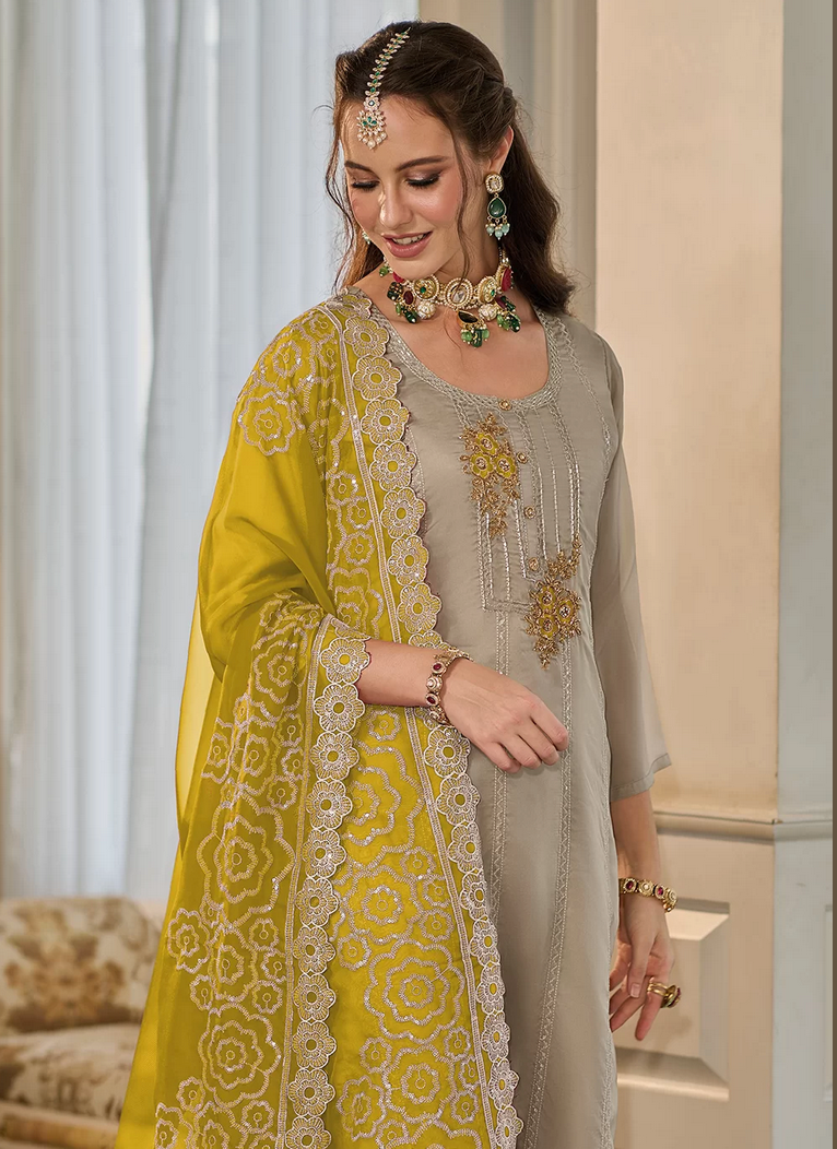 Beige Readymade Wedding Salwar Suit In Organza SFSR280910