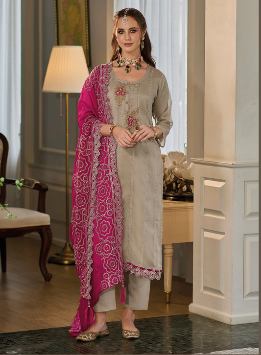 Beige Pink Readymade Wedding Salwar Suit In Organza SFSR280909
