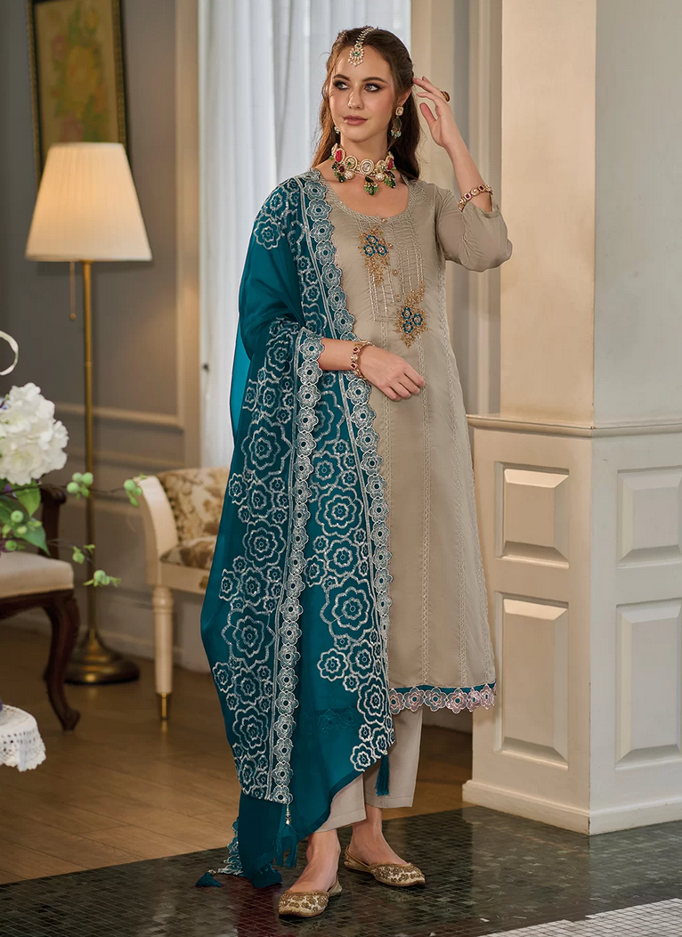 Beige Green Readymade Wedding Salwar Suit In Organza SFSR280908