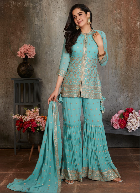 Blue Wedding Sangeet Party Palazzo Suit In Georgette SFSR262855