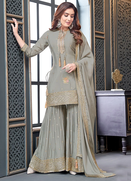 Grey Wedding Sangeet Party Palazzo Suit In Chinon SFSR277007