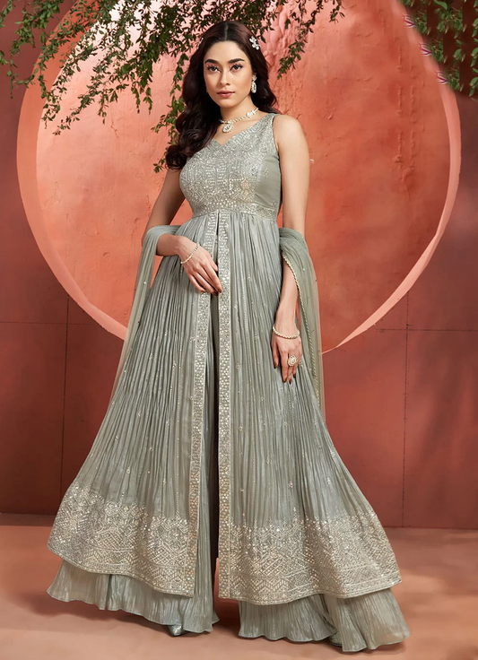 Grey Wedding Sangeet Party Palazzo Suit In Chinon SFSR279463