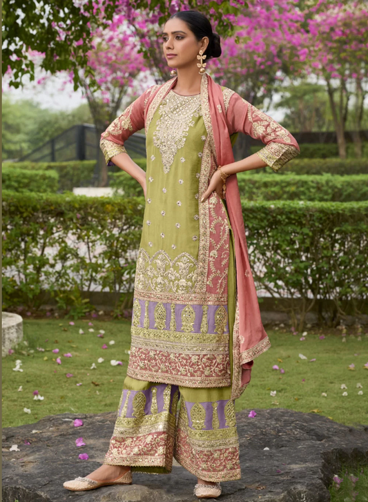 Green Wedding Sangeet Party Palazzo Suit In Chinon SFSR276979