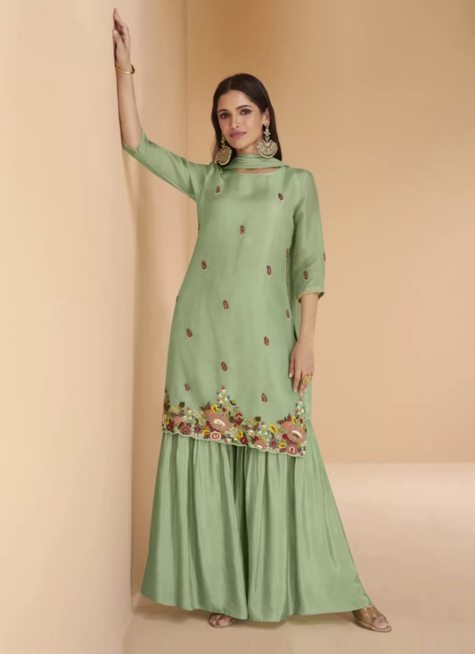 Green Wedding Sangeet Party Sharara Salwar Suit In Organza SFZ148642