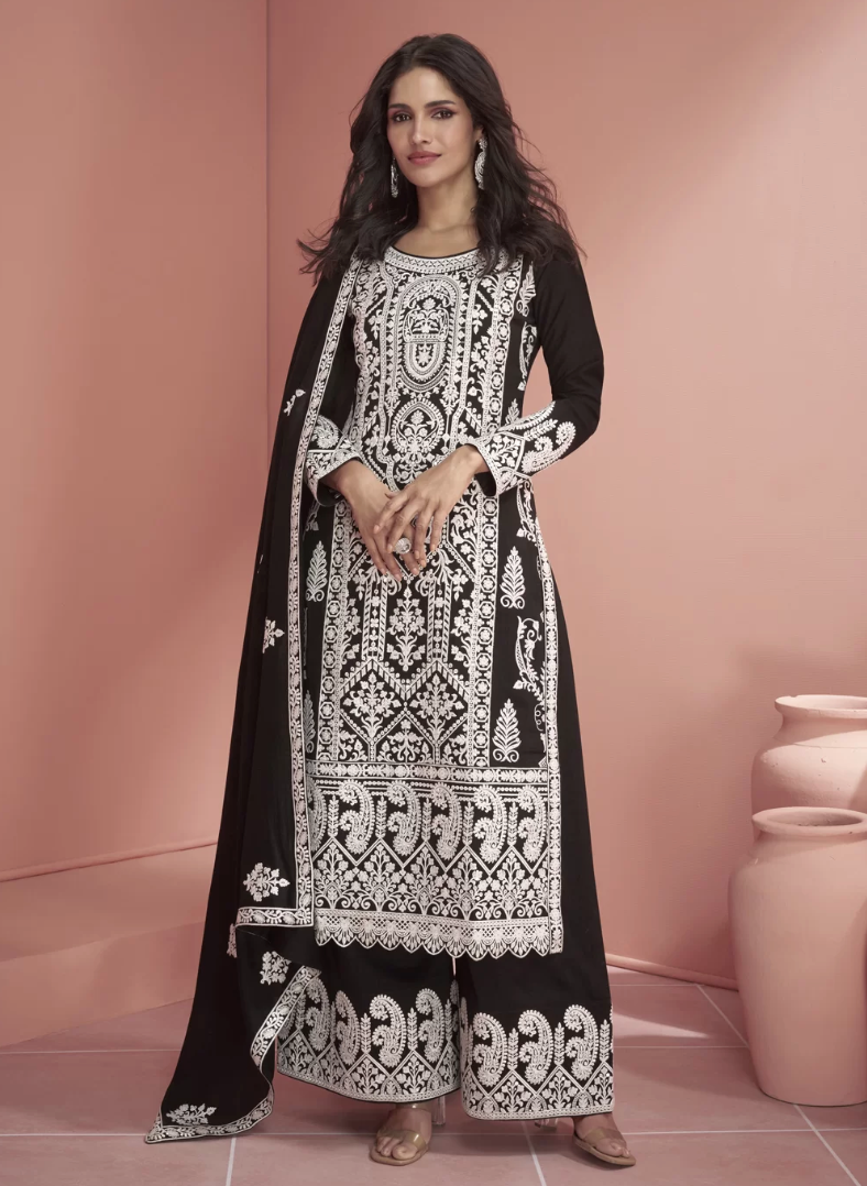 Pretty White Color Designer Embroidered Net Beautiful Palazzo Suit –  Chandler Fashions
