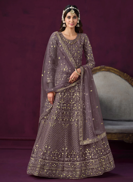 Purple Wedding Party Anarkali Salwar Suit In Net SFSR276439
