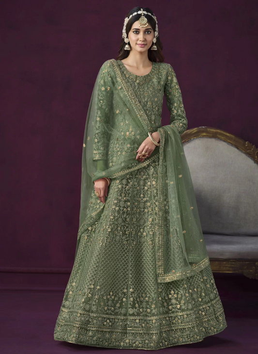 Green Wedding Party Anarkali Salwar Suit In Net SFSR276438