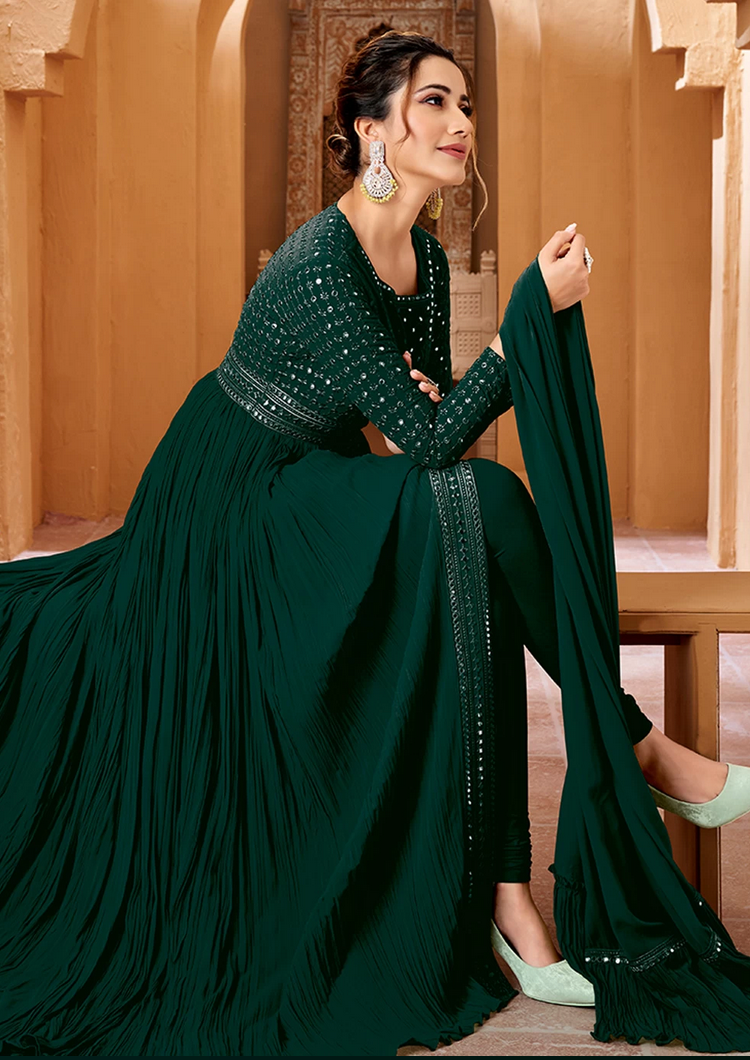 Indian Pakistani Green Sangeet Long Anarkali Gown Salwar Suit SFSR264456