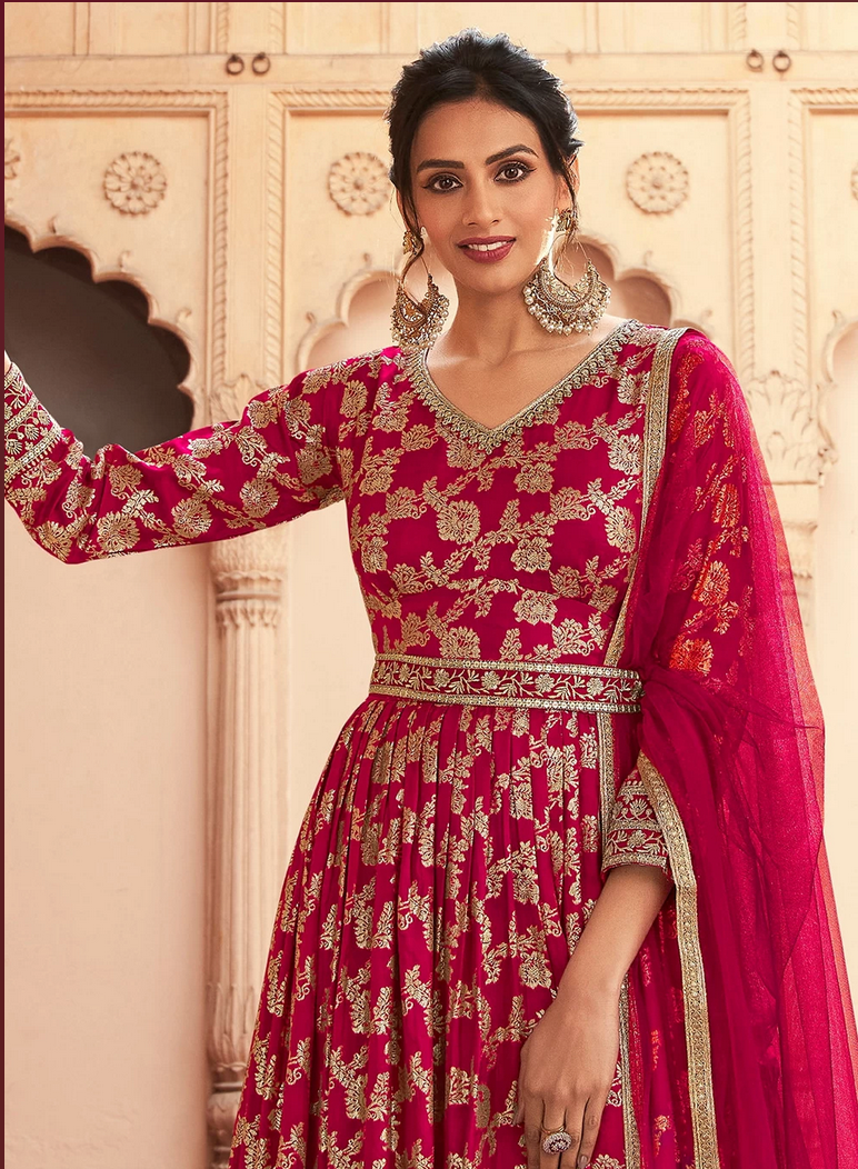 Pink Silk Indian Pakistani Bridal Anarkali Gown Salwar Suit SFSR264132