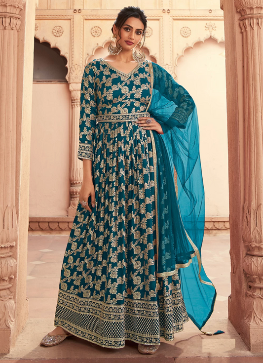 Turquoise Silk Indian Pakistani Bridal Anarkali Gown Salwar Suit SFSR264133
