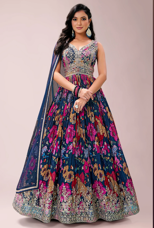 Blue Multi Floral Print Anarkali Suit in Chinon Sequins Work SFAPSKDEL2648