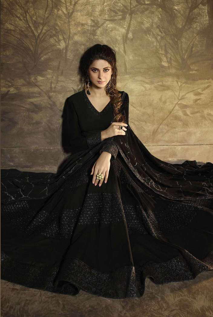 Jennifer Winget Black Georgette Anarkali Suit SFSRKSKDAU12443