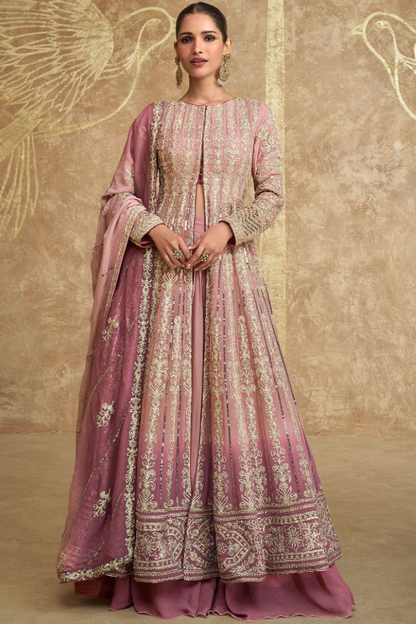 Pink Wedding Haldi Georgette Long Kameez Palazzo Suit SFYS154101R