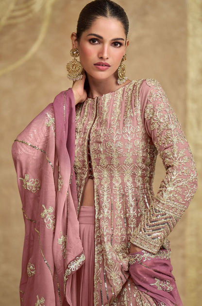 Pink Wedding Haldi Georgette Long Kameez Palazzo Suit SFYS154101R