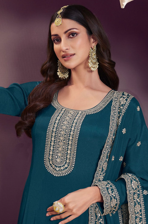 Teal Blue Wedding Sangeet Anarkali Suit Gown In Chinnon SFEDC16105