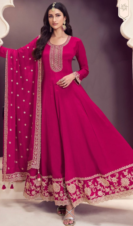 Pink Wedding Sangeet Anarkali Suit Gown In Chinnon SFEDC16104