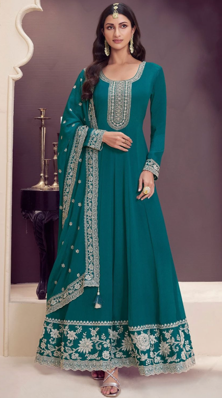 Green Wedding Sangeet Anarkali Suit Gown In Chinnon SFEDC16101