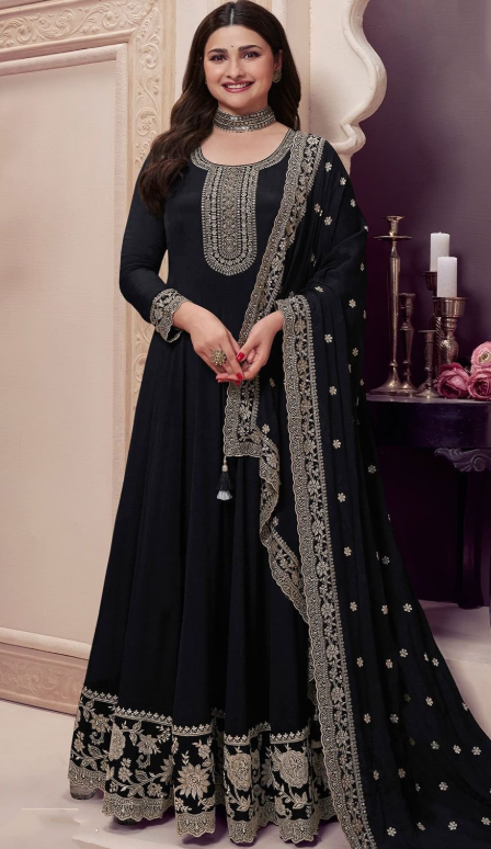 Black Wedding Sangeet Anarkali Suit Gown In Chinnon SFEDC16103