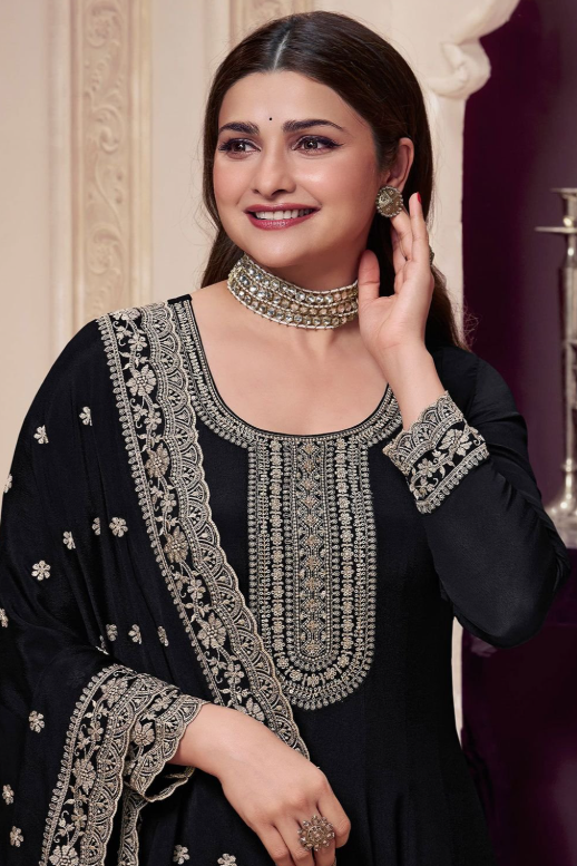 Black Wedding Sangeet Anarkali Suit Gown In Chinnon SFEDC16103