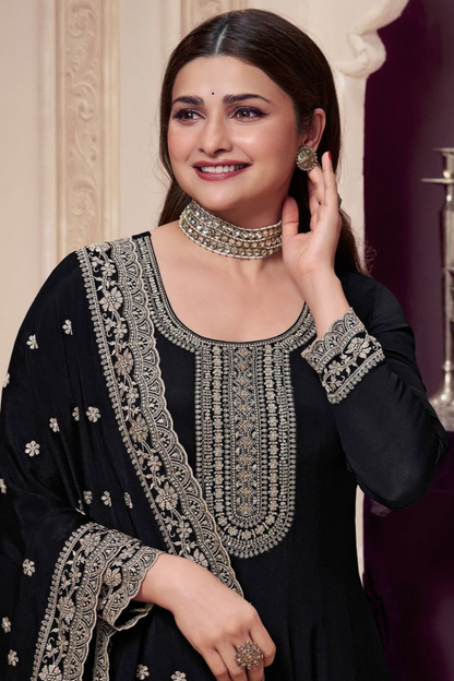Black Wedding Sangeet Anarkali Suit Gown In Chinnon SFEDC16103