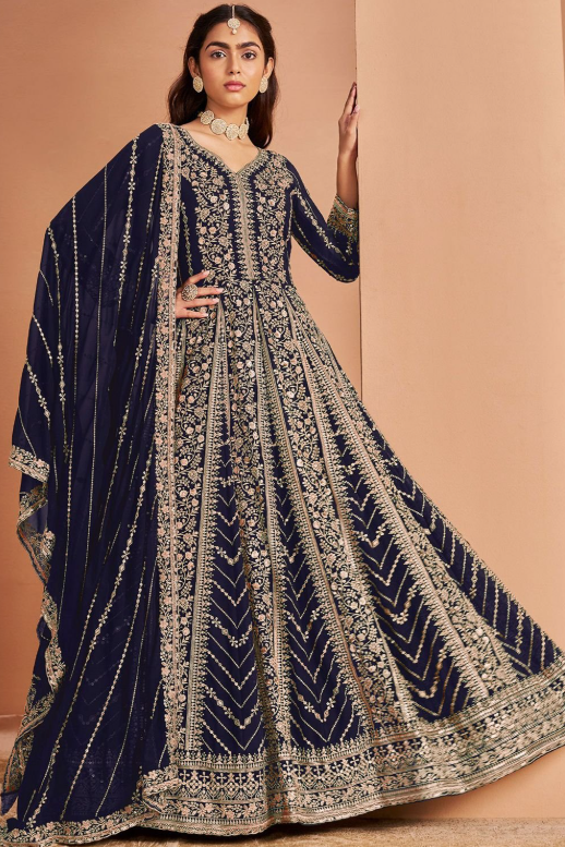 Blue Bridal Anarkali Suit Gown In Georgette SFEDC15303