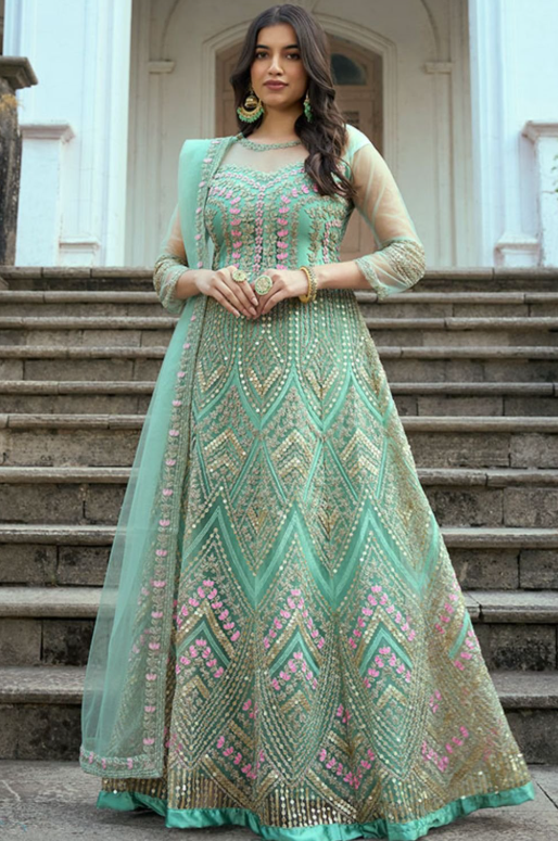 Green Bridal Reception Anarkali Suit Gown In Net SFSMT10202