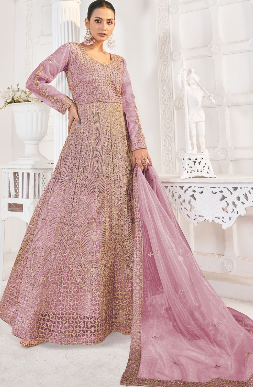 Pink Bridal Reception Anarkali Suit Gown In Net SFSA485702