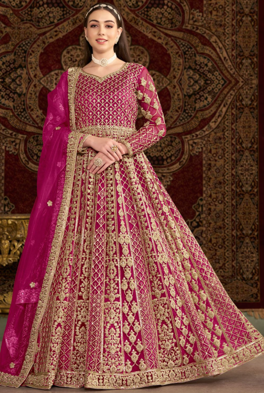 Magenta Wine Bridal Plus Size Anarkali Suit In Net SFDFS32205