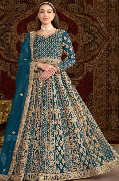 Blue Bridal Plus Size Anarkali Suit In Net SFDFS32204