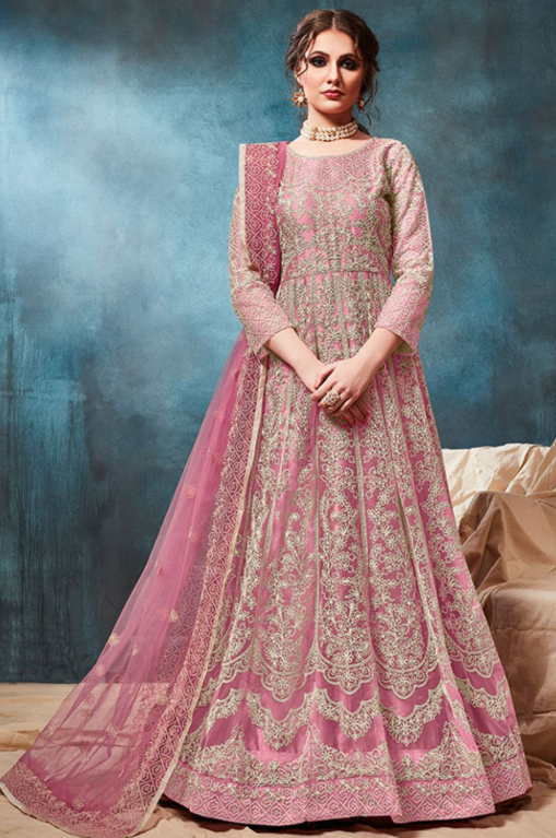 Pink Bridal Plus Size Anarkali Suit In Net SFDFS11701