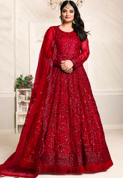 Red Bridal Plus Size Anarkali Suit In Net SFDFS15104