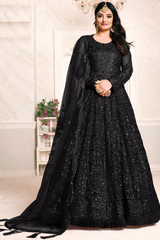 Black Bridal Plus Size Anarkali Suit In Net SFDFS15101