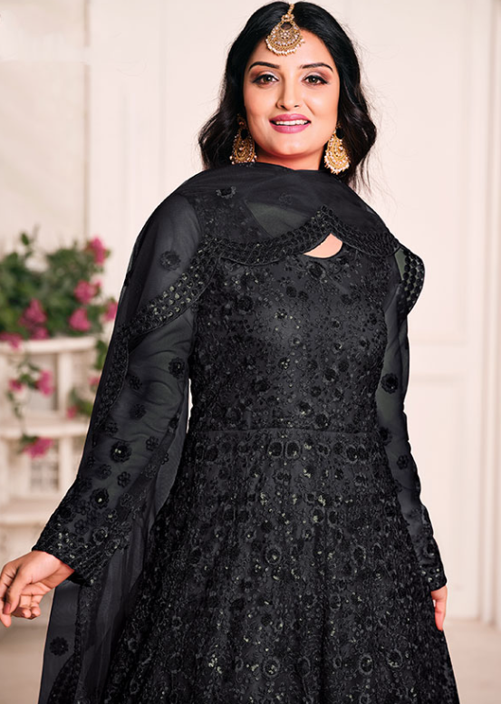 Black Bridal Plus Size Anarkali Suit In Net SFDFS15101